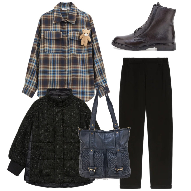 Outfit donna - Tartan. Stile Casual per Tutti i giorni. Abbinamento con camicie, borse a spalla, piumini, anfibi, pantaloni.
