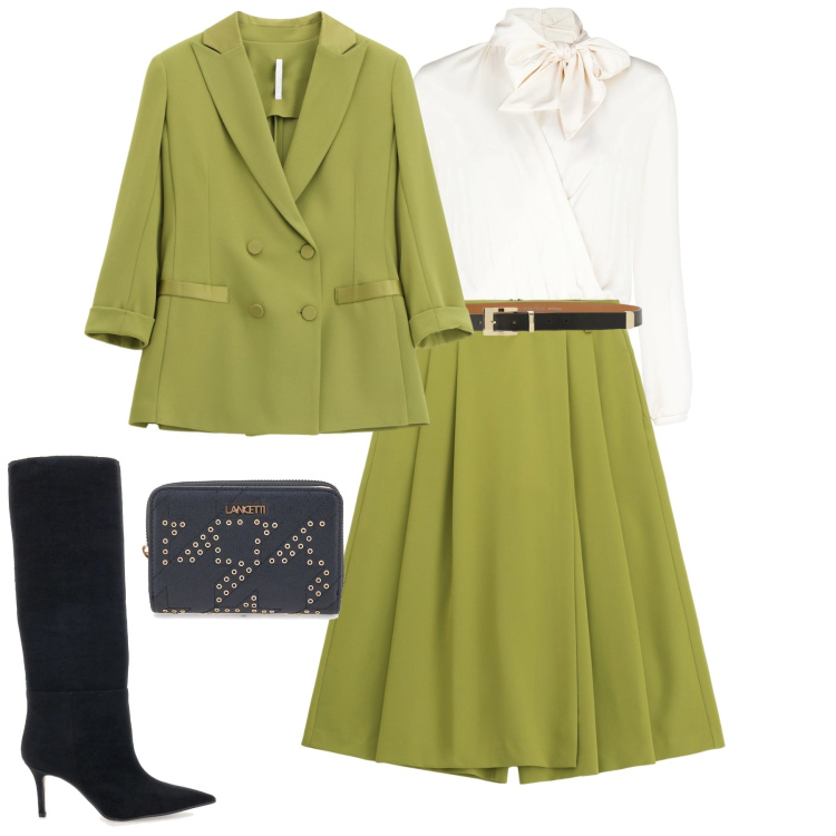 Outfit donna - City. Stile Urban per Tutti i giorni. Abbinamento con pantaloni, blazer, cinture, bluse, portafogli, stivali.