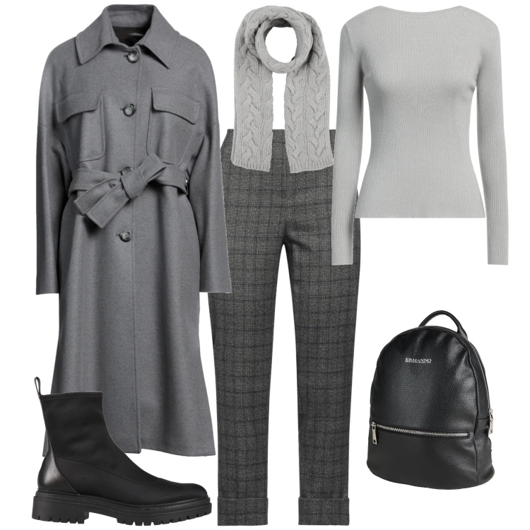 Outfit donna - Minimal in toni grigio ufficio. Stile Minimal per Ufficio. Abbinamento con stivaletti, cappotti, pantaloni, zaini, pullovers, sciarpe.
