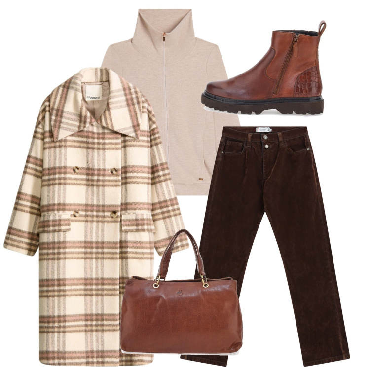 Outfit donna - Quadroni. Stile Bon Ton per Tutti i giorni. Abbinamento con cappotti, pantaloni, felpe, stivaletti, borse a tracolla.