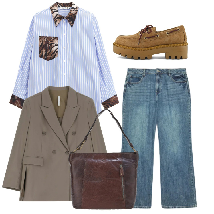 Outfit donna - Total look. Stile Casual per Tutti i giorni. Abbinamento con camicie, blazer, jeans, borse a spalla, mocassini.