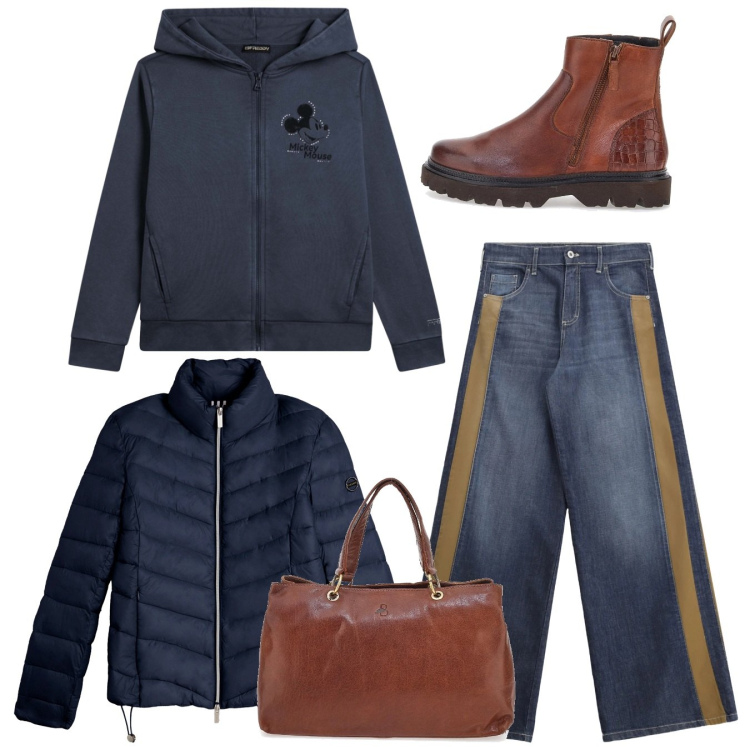 Outfit donna - Total look. Stile Casual per Tutti i giorni. Abbinamento con jeans a zampa, piumini, felpe con cappuccio, stivaletti, borse a tracolla.