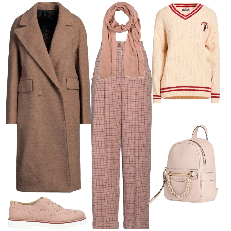 Outfit donna - Mannish marrone cipria crema. Stile Mannish per Tutti i giorni. Abbinamento con scarpe stringate, pullovers, cappotti, zaini, pantaloni, sciarpe.
