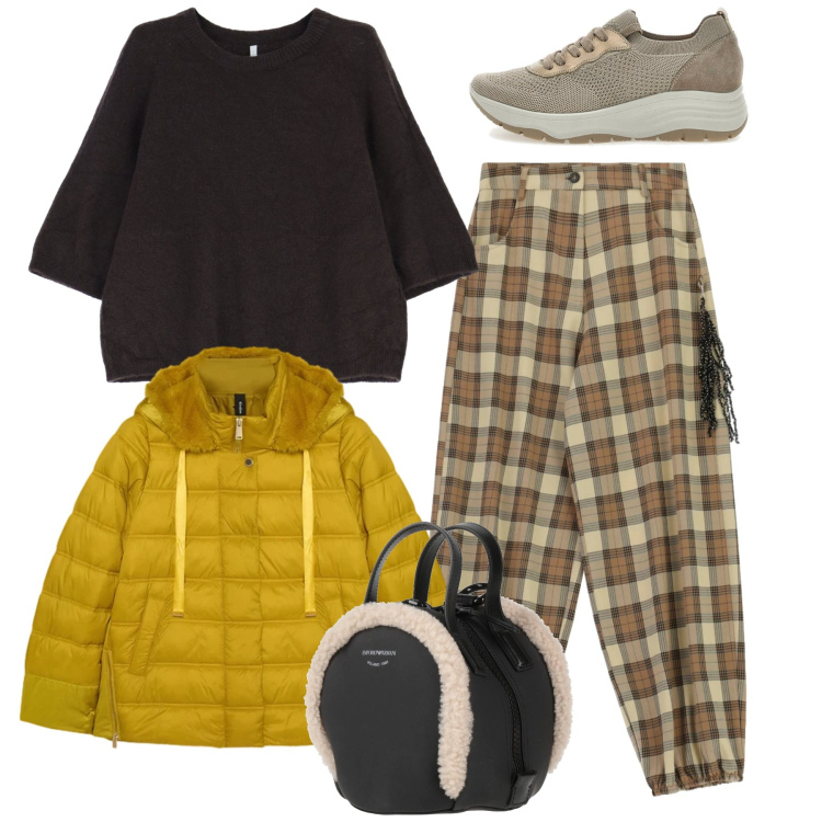 Outfit donna - Total look. Stile Casual per Tutti i giorni. Abbinamento con zaini, pantaloni a palazzo, maglieria, scarpe stringate, piumini.