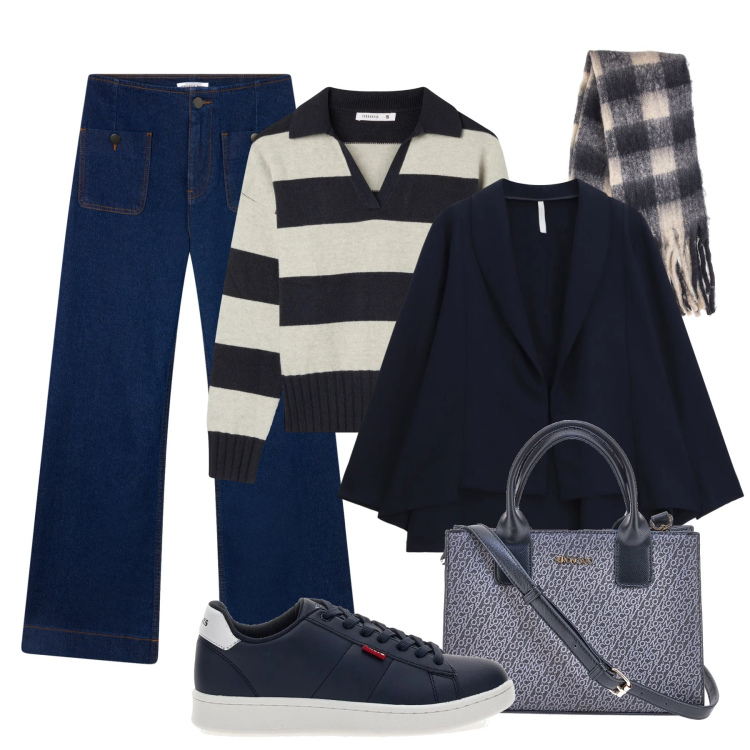 Outfit donna - Blazer e jeans. Stile Trendy per Tutti i giorni. Abbinamento con jeans, maglieria, blazer, sneakers, borse a tracolla, sciarpe.
