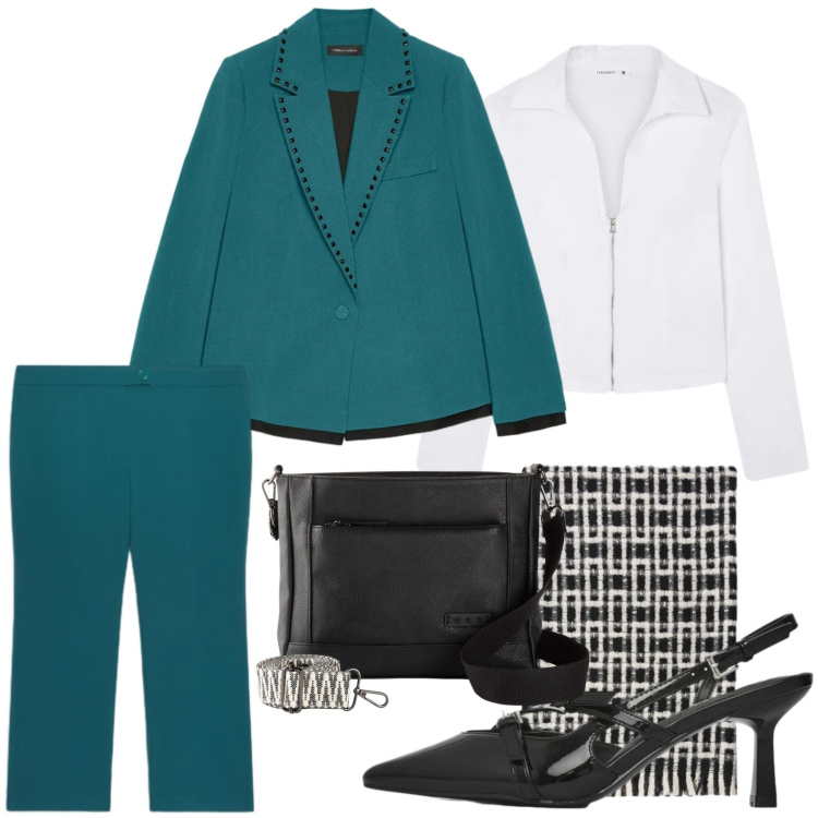 Outfit donna - Il blazer borchiato. Stile Chic per Ufficio. Abbinamento con borse a tracolla, décolleté, camicie, pantaloni, blazer, sciarpe.