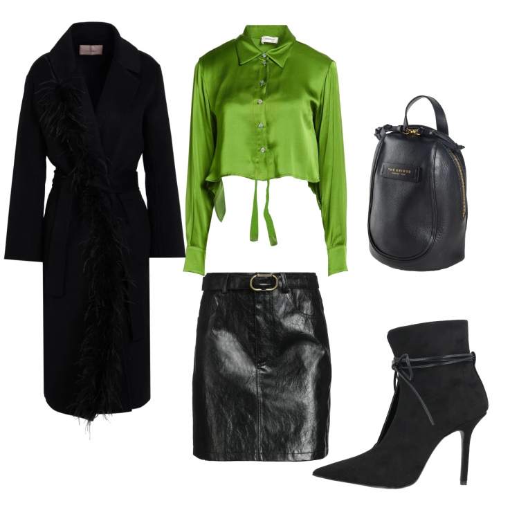 Outfit donna - Night Out Glamour. Stile Casual chic per Serata fuori. Abbinamento con stivaletti, zaini, camicie, minigonne, cappotti.