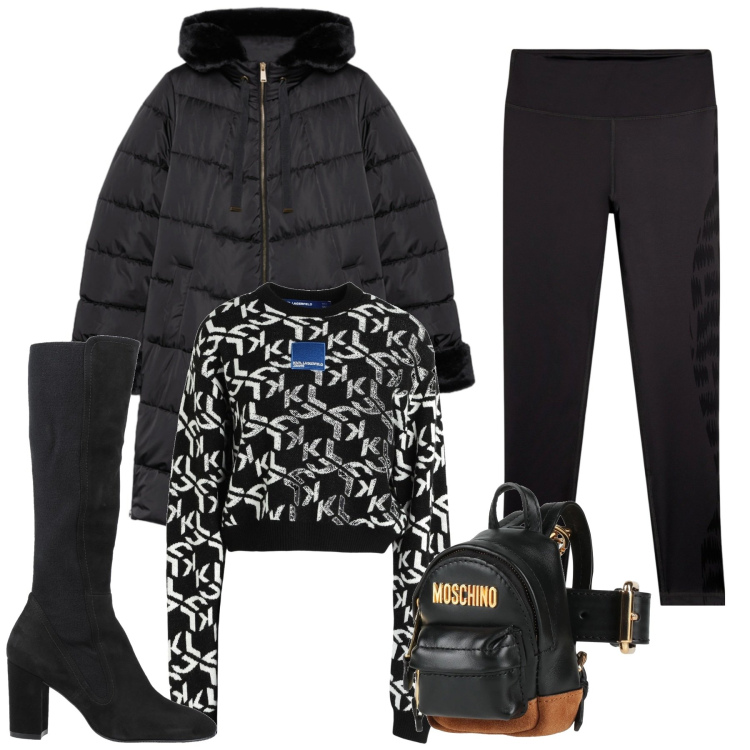 Outfit donna - Total look. Stile Urban per Tutti i giorni. Abbinamento con pullovers, marsupi, stivali, leggings, piumini.