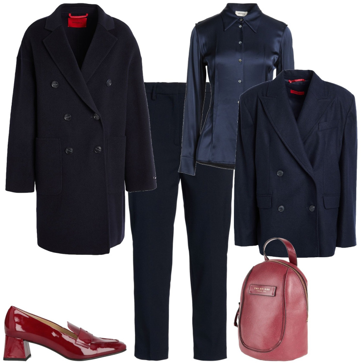 Outfit donna - Trendy in ufficio blu e rosso. Stile Mannish per Ufficio. Abbinamento con mocassini, zaini, camicie, pantaloni, caban, cappotti.