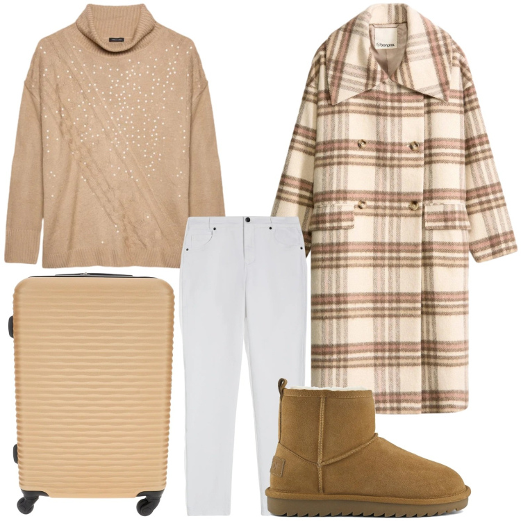 Outfit donna - In viaggio col cappotto. Stile Casual per Tutti i giorni. Abbinamento con cappotti, pantaloni skinny, stivali, maglieria, valigie.