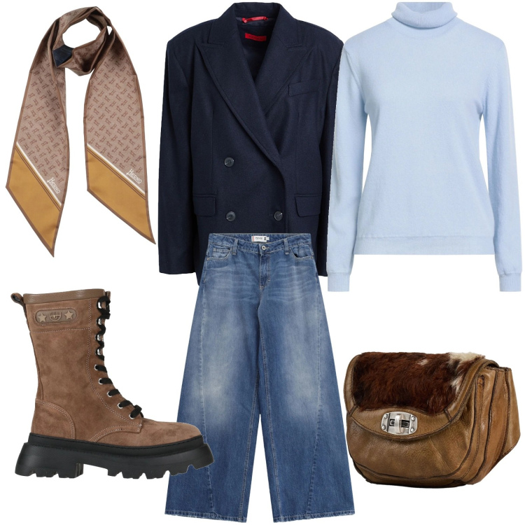 Outfit donna - Il caban elegante. Stile Minimal per Ufficio. Abbinamento con maglieria, sciarpe, marsupi, stivaletti, caban, jeans.