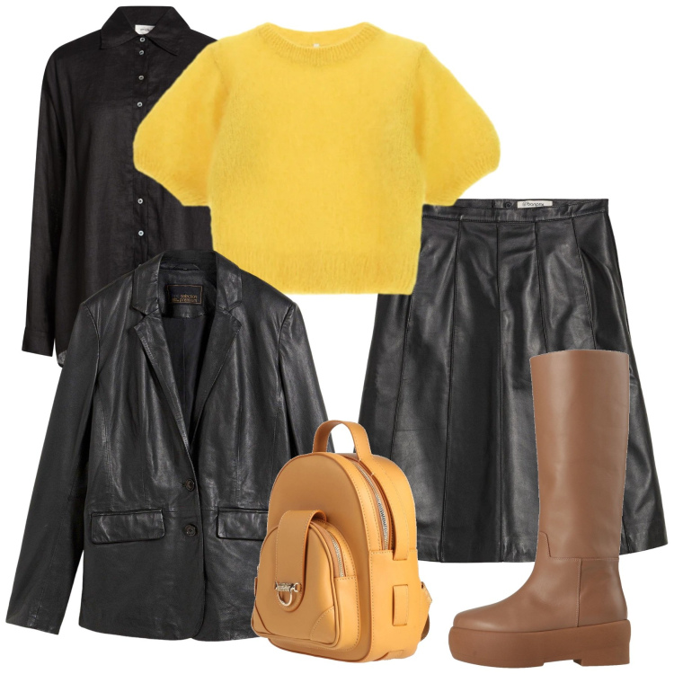 Outfit donna - Giallo acceso sull\'ecopelle. Stile Urban per Tutti i giorni. Abbinamento con blazer, gonne, zaini, camicie, stivali, t-shirt.