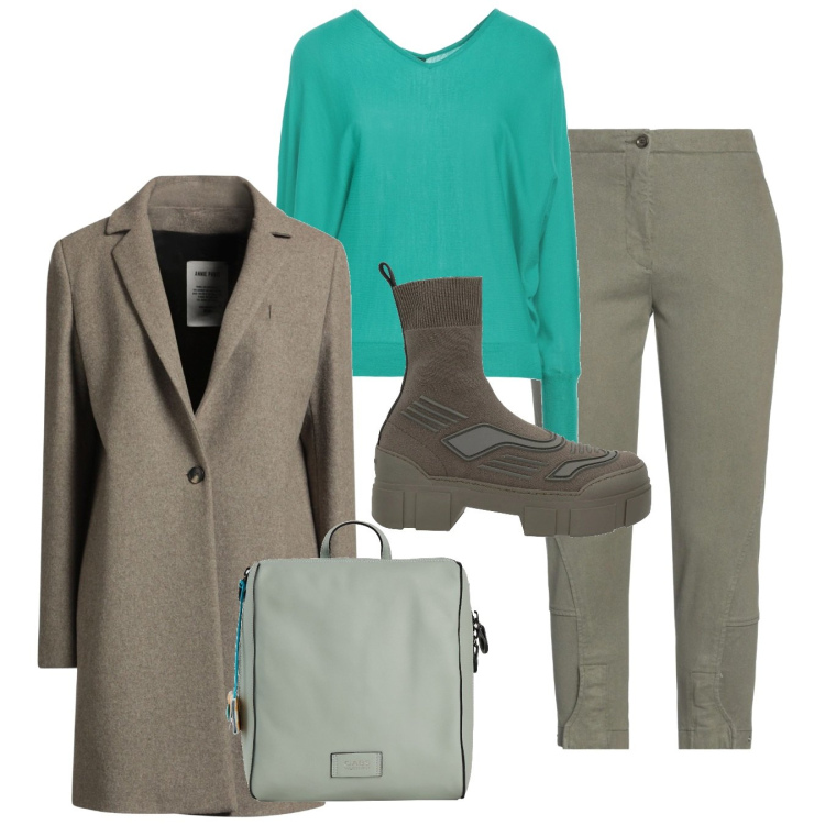 Outfit donna - Total look delicato. Stile Casual per Tutti i giorni. Abbinamento con cappotti, jeans slim fit, pullovers, stivaletti, zaini.