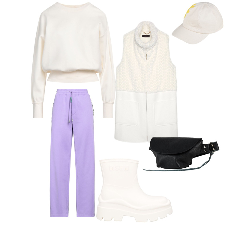 Outfit donna - Lavender Active. Stile Sporty chic per Tutti i giorni. Abbinamento con marsupi, felpe, pantaloni sportivi, stivaletti, cappelli con visiera, gilet.