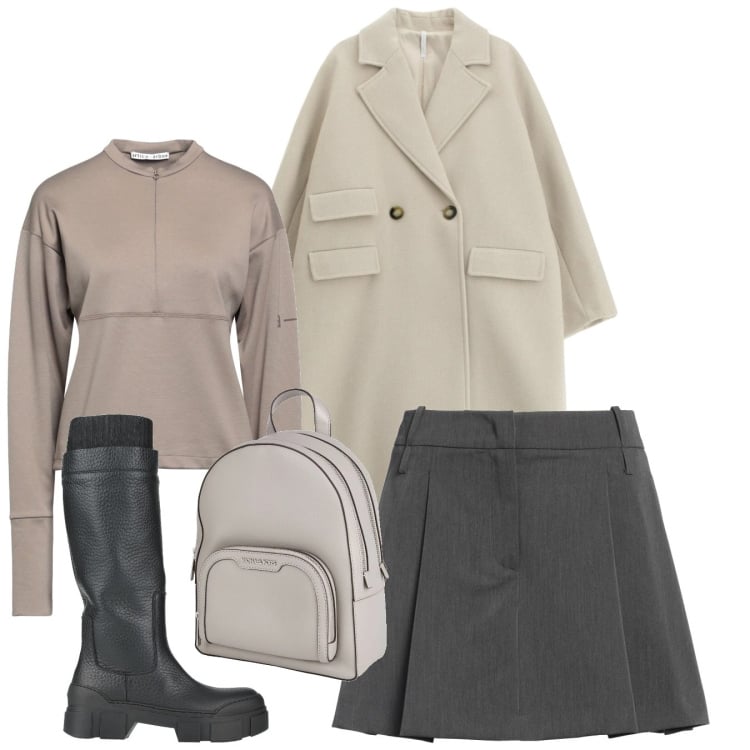 Outfit donna - Total look. Stile Bon Ton per Tutti i giorni. Abbinamento con zaini, stivali, minigonne, t-shirt, cappotti.