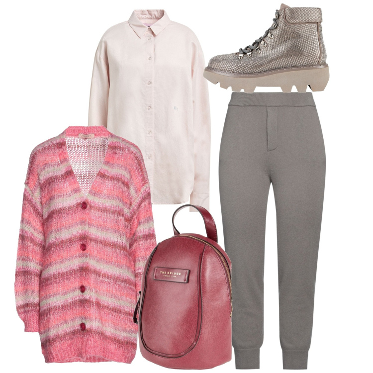 Outfit donna - A tutto rosa. Stile Urban per Tutti i giorni. Abbinamento con zaini, stivaletti, pantaloni skinny, cardigans, camicie.