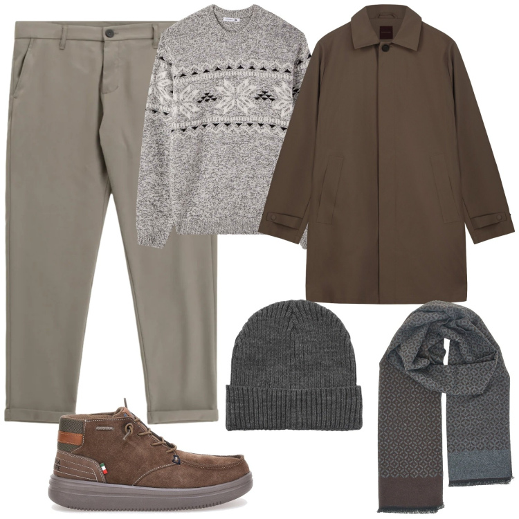 Outfit uomo - Nordico. Stile Urban per Tutti i giorni. Abbinamento con berretti, maglieria, pantaloni, sciarpe, trench, stivali e stivaletti.