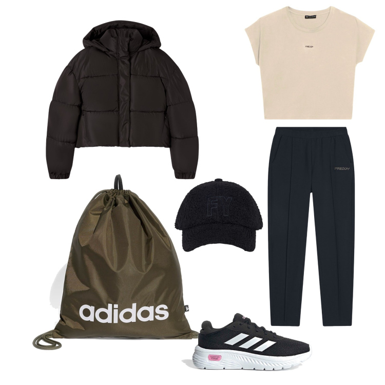 Outfit donna - Urban Gym Style. Stile Sporty chic per Sport. Abbinamento con bomber, cappelli con visiera, pantaloni sportivi, t-shirt, scarpe sportive, borse sportive.