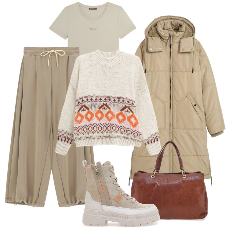 Outfit donna - Inverno cittadino. Stile Urban per Tutti i giorni. Abbinamento con piumini, maglieria, pantaloni a palazzo, t-shirt, anfibi, borse a tracolla.