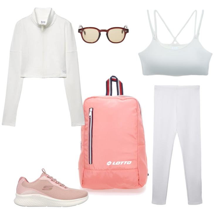 Outfit donna - Peach Energy. Stile Sporty chic per Sport. Abbinamento con felpe sportive, top sportivi, leggings, occhiali da sole, sneakers, borse sportive.