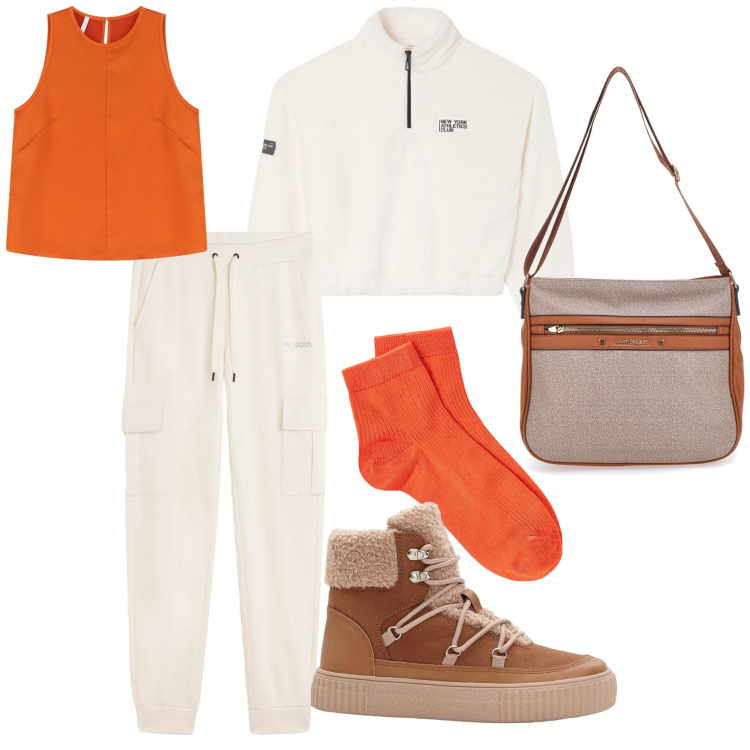 Outfit donna - Cozy Orange Accents. Stile Sporty chic per Tutti i giorni. Abbinamento con stivaletti, felpe sportive, top, pantaloni sportivi, collant, borse a tracolla.