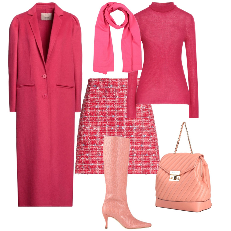 Outfit donna - Toni geranio cipria. Stile Minimal per Tutti i giorni. Abbinamento con zaini, stivali, minigonne, cappotti, maglieria, sciarpe.