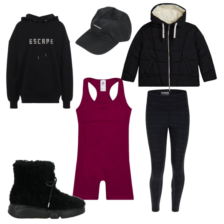 Outfit donna - Urban Winter Sport. Stile Sporty chic per Sport. Abbinamento con felpe con cappuccio, stivaletti, cappelli con visiera, leggings, piumini, tute sportive.