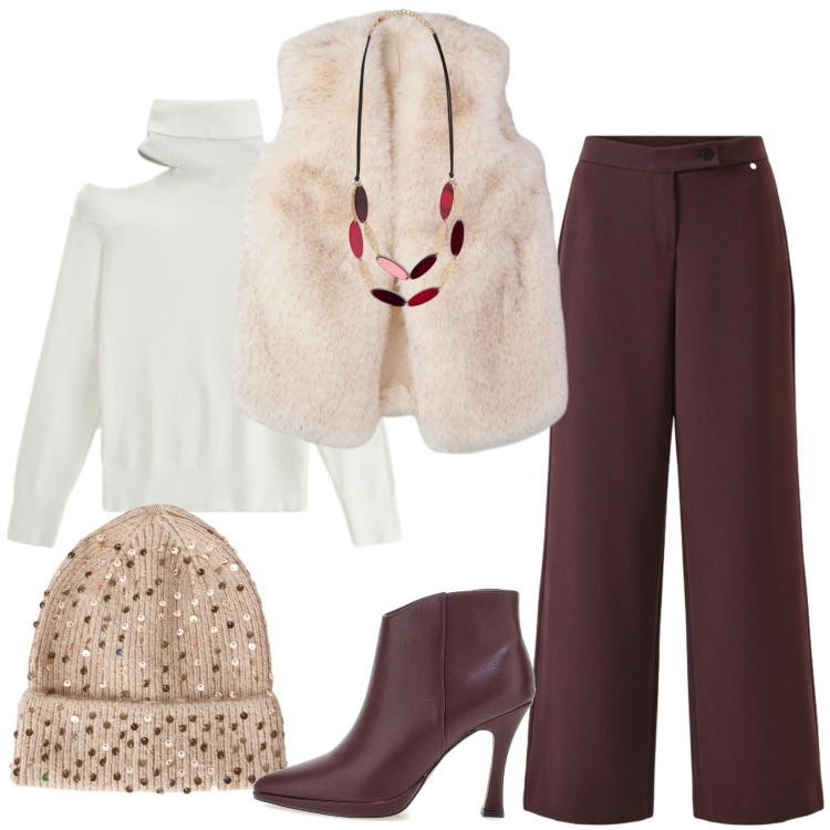 Outfit donna - Total look #2324726. Stile Casual per Tutti i giorni. Abbinamento con berretti, piumini, maglieria, pantaloni, collane, stivaletti.