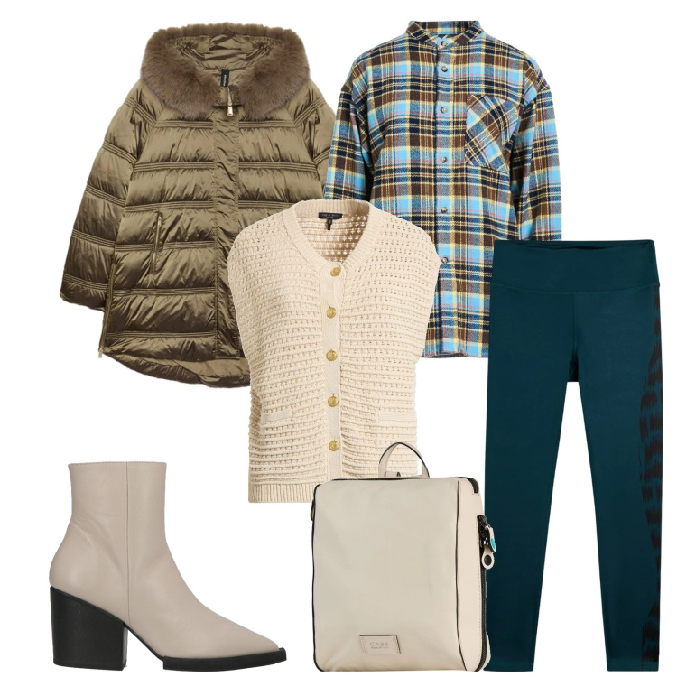 Outfit donna - Total look #2324731. Stile Casual chic per Tutti i giorni. Abbinamento con stivaletti, camicie, cardigans, zaini, leggings, piumini.