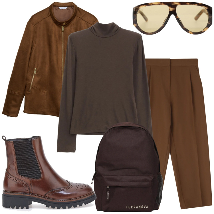 Outfit donna - Il corto Febbraio. Stile Trendy per Tutti i giorni. Abbinamento con giacche, zaini, occhiali da sole, pantaloni, maglieria, stivaletti chelsea.