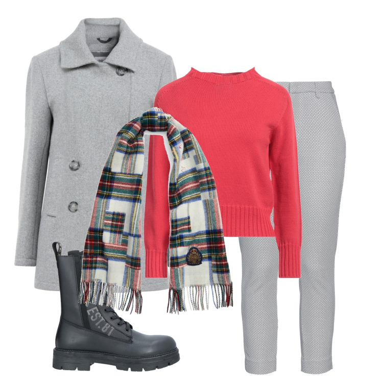 Outfit donna - Sciarpa scozzese. Stile Urban per Tutti i giorni. Abbinamento con anfibi, sciarpe, pullovers, pantaloni skinny, cappotti.
