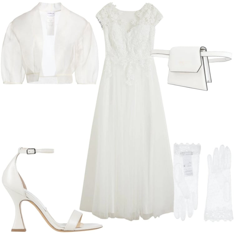 Outfit donna - Abito da sposa. Stile Glamour per Cerimonia. Abbinamento con vestiti, marsupi, blazer, sandali in pelle, guanti.