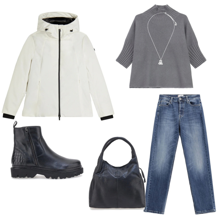 Outfit donna - Total look #2324740. Stile Urban per Tutti i giorni. Abbinamento con jeans, maglieria, bomber, ciondoli, stivaletti, borse a mano.