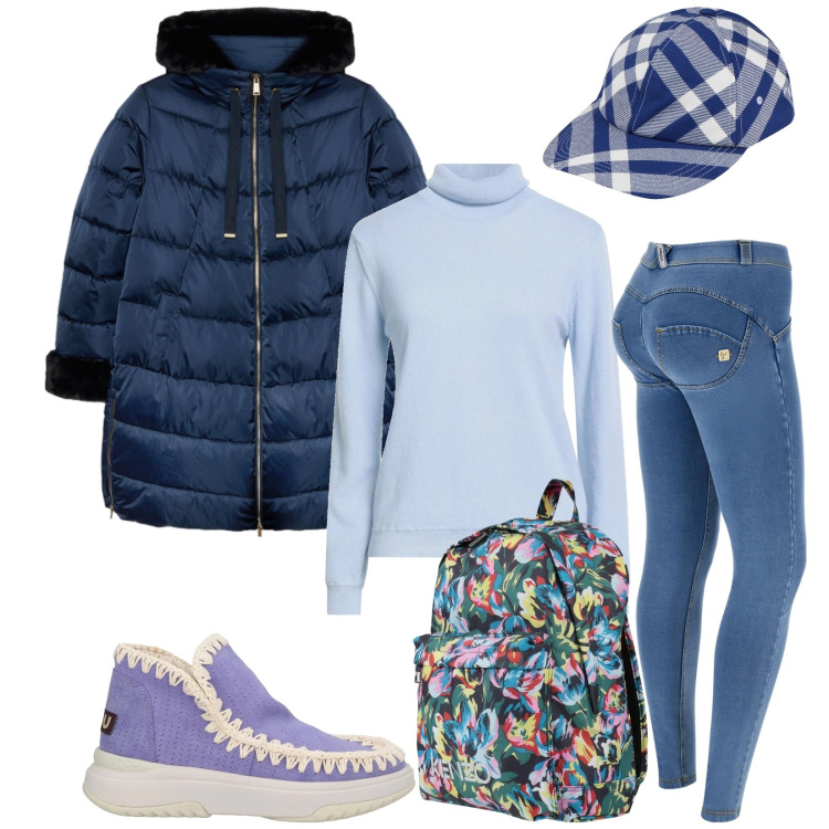 Outfit donna - Total look #2324744. Stile Trendy per Tutti i giorni. Abbinamento con maglieria, stivaletti, marsupi, cappelli con visiera, jeggings, piumini.