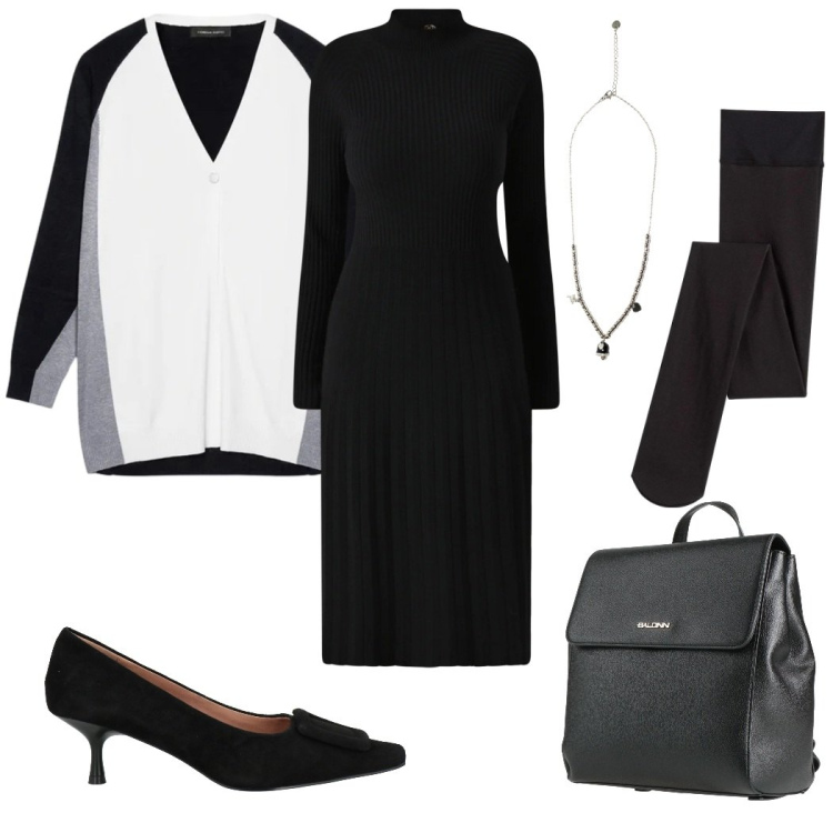 Outfit donna - Winter look. Stile Casual chic per Tutti i giorni. Abbinamento con collant, zaini, décolleté, ciondoli, vestiti midi/longuette, cardigans.