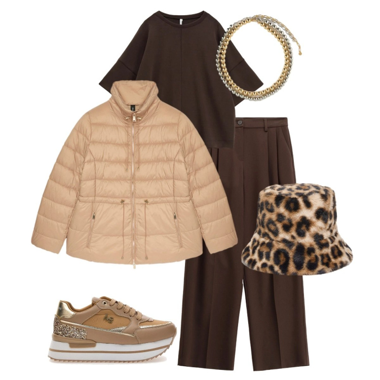 Outfit donna - Casual chic. Stile Casual chic per Serata fuori. Abbinamento con felpe, pantaloni a palazzo, piumini, sneakers, cappelli, collane.