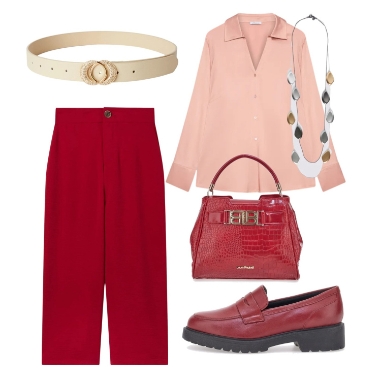 Outfit donna - Triangolo inverso. Stile Casual per Tutti i giorni. Abbinamento con pantaloni a palazzo, cinture, mocassini, camicie, collane, borse a mano.