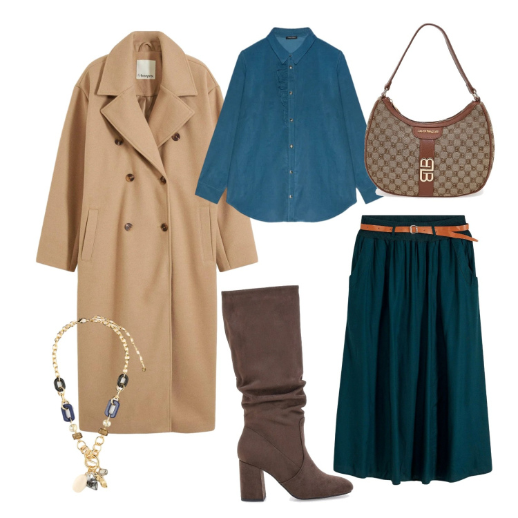 Outfit donna - Dal lavoro all\'aperitivo. Stile Casual chic per Ufficio. Abbinamento con gonne lunghe, cappotti, collane, stivali sopra il ginocchio, camicie, borse a spalla.