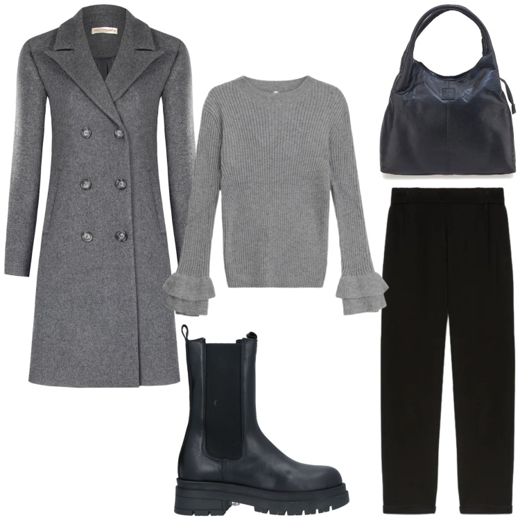 Outfit donna - Grey mood. Stile Casual chic per Tutti i giorni. Abbinamento con stivaletti, maglieria, cappotti, pantaloni, borse a mano.