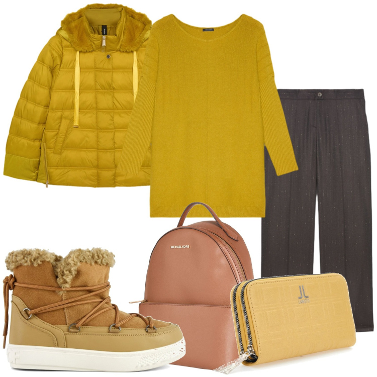 Outfit donna - Pratica in città. Stile Casual per Tutti i giorni. Abbinamento con zaini, maglieria, piumini, stivali da neve, portafogli, pantaloni.