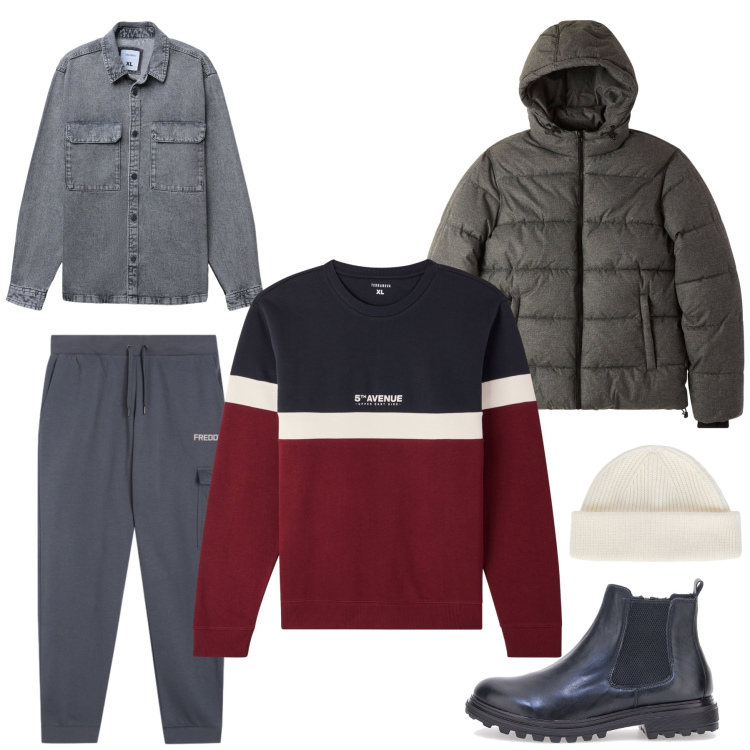 Outfit uomo - Nordic Serenity. Stile Urban per Tutti i giorni. Abbinamento con cappotti, felpe, bomber, pantaloni cargo, berretti, stivali e stivaletti.