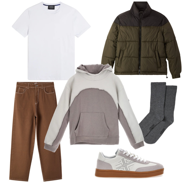 Outfit uomo - Urban Nordic Essence. Stile Urban per Tutti i giorni. Abbinamento con bomber, pantaloni, t-shirt, calzini, felpe con cappuccio, sneakers.