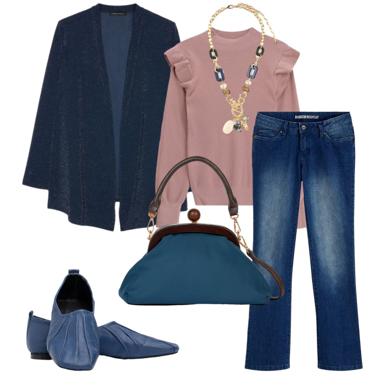 Outfit donna - Total look #2324945. Stile Casual chic per Tutti i giorni. Abbinamento con jeans bootcut, maglieria, ballerine, clutch, collane, cardigans.