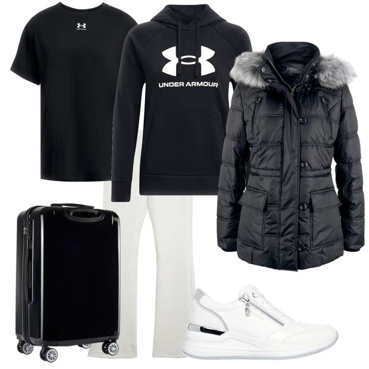 Outfit donna - In viaggio. Stile Casual per Tutti i giorni. Abbinamento con giacche, pantaloni, valigie, sneakers alte, felpe con cappuccio, t-shirt.