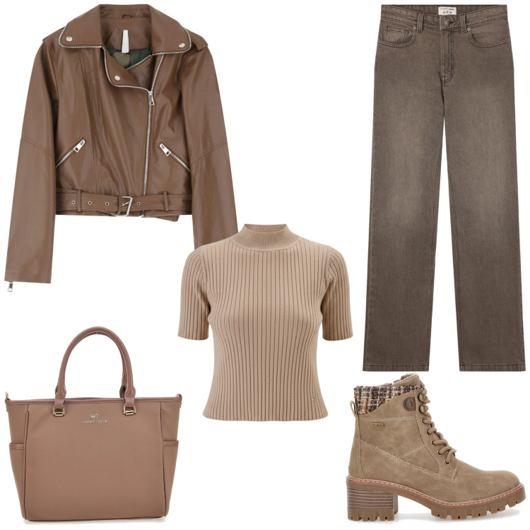 Outfit donna - Look tono su tono. Stile Casual per Tutti i giorni. Abbinamento con jeans bootcut, giacche, pullovers, borse a tracolla, anfibi.