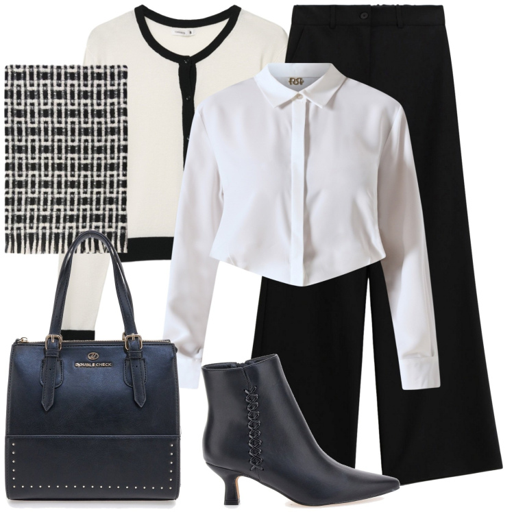 Outfit donna - Black & White layering per il lavoro!. Stile Casual chic per Ufficio. Abbinamento con cardigans, camicie, pantaloni a palazzo, stivaletti, borse a mano, sciarpe.