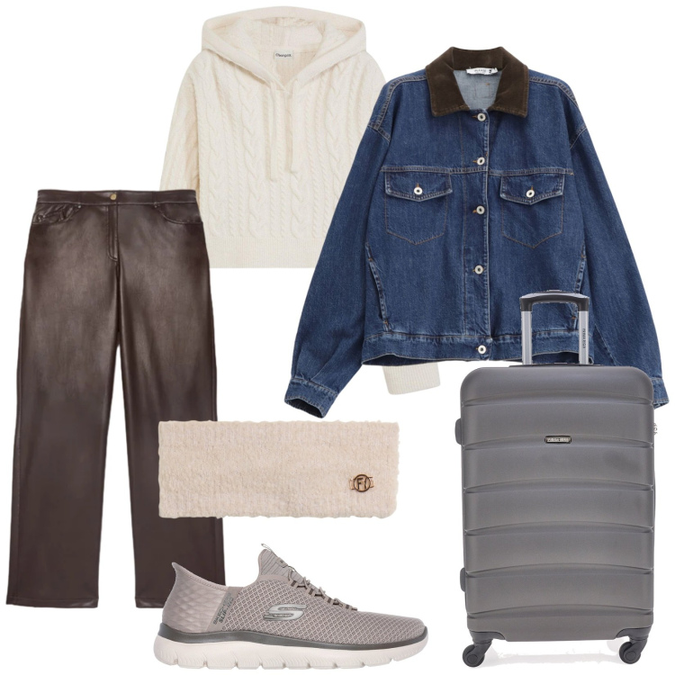 Outfit donna - Tenerife. Stile Casual per Tutti i giorni. Abbinamento con maglieria, blazer, fasce per capelli, pantaloni chino, valigie, sneakers.