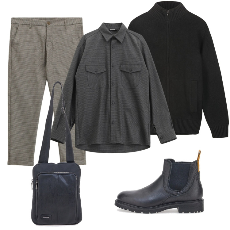Outfit uomo - Basic. Stile Casual per Tutti i giorni. Abbinamento con camicie, pantaloni, stivali e stivaletti, portafogli, cardigans.