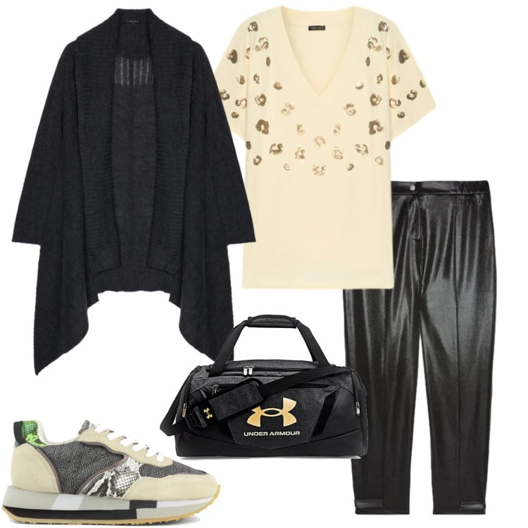 Outfit donna - Pantaloni ecopelle. Stile Casual chic per Tutti i giorni. Abbinamento con t-shirt, pantaloni, cardigans, sneakers, borse sportive.