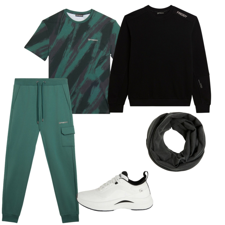 Outfit uomo - Sport freddy. per Sport. Abbinamento con sciarpe, felpe, pantaloni cargo, t-shirt, sneakers.